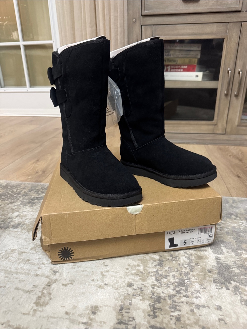 UGG Allegra Tall Black Suede Mid-Calf Boots with Bows